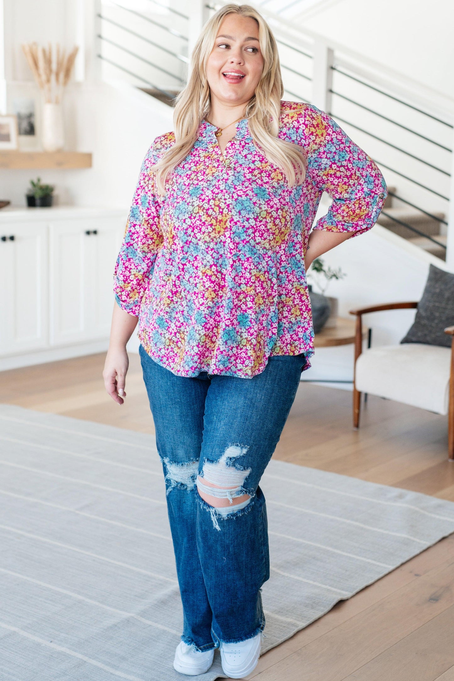 Lizzy Top in Pink and Aqua Ditsy Floral - Simply Graced Mama