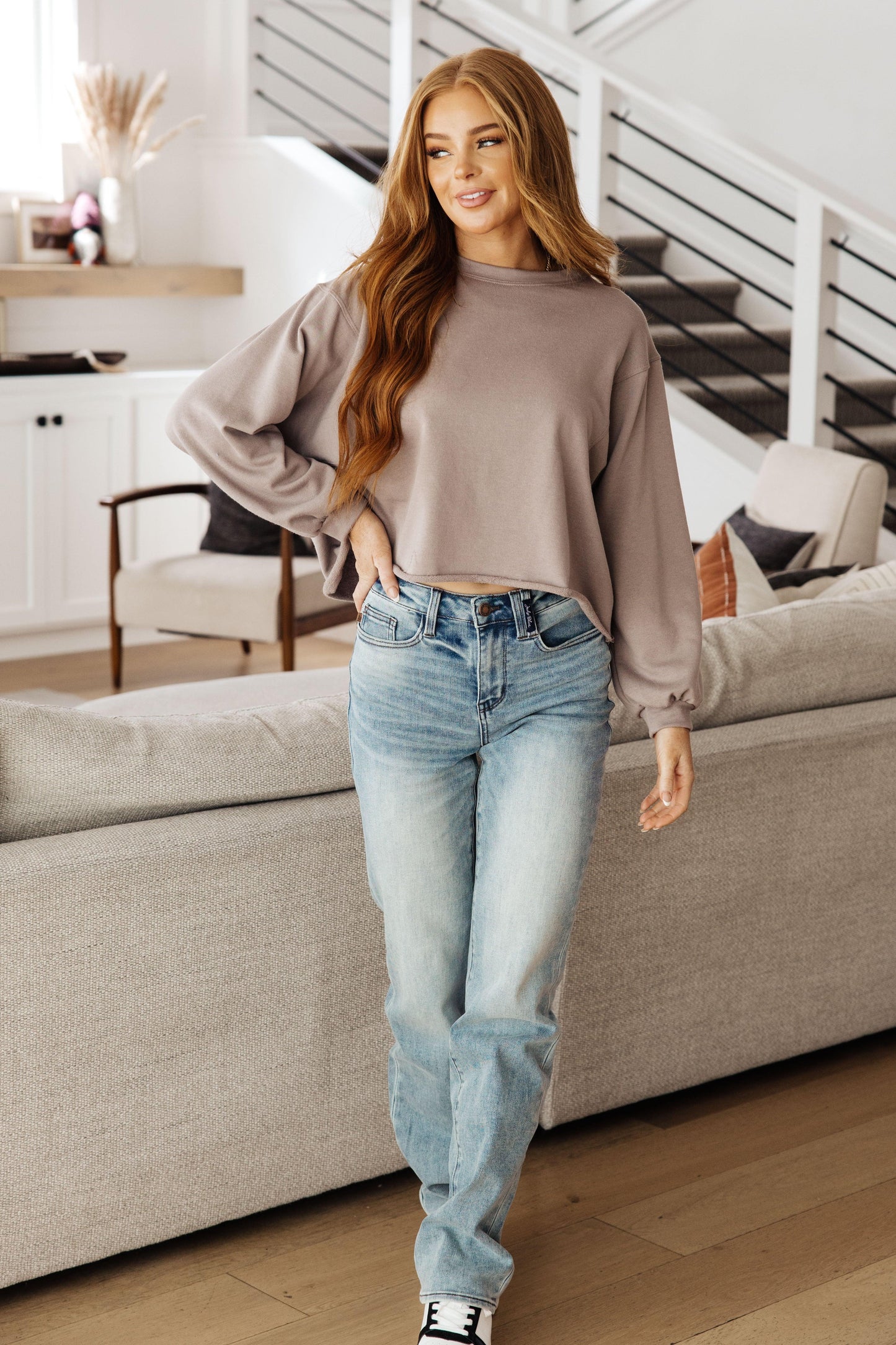 Lounge A Lot Cut Off Sweatshirt in Mocha - Simply Graced Mama