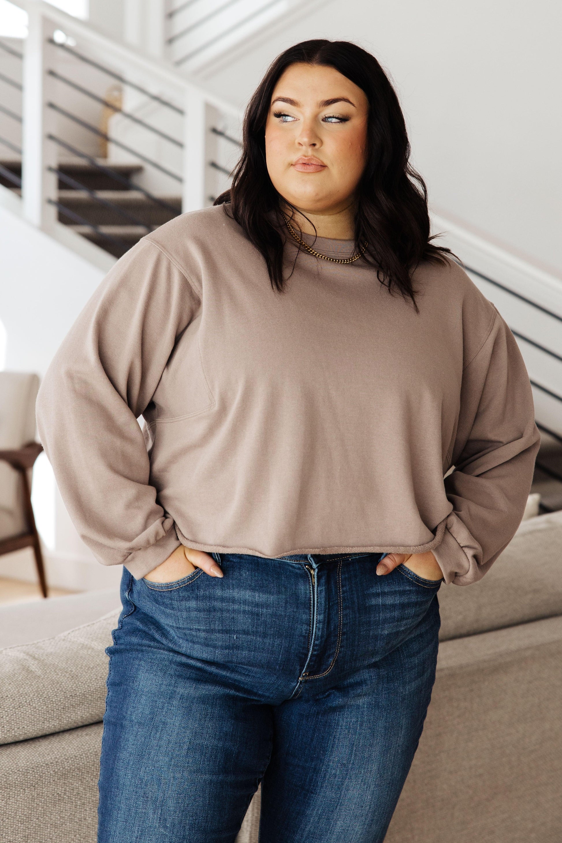 Lounge A Lot Cut Off Sweatshirt in Mocha - Simply Graced Mama