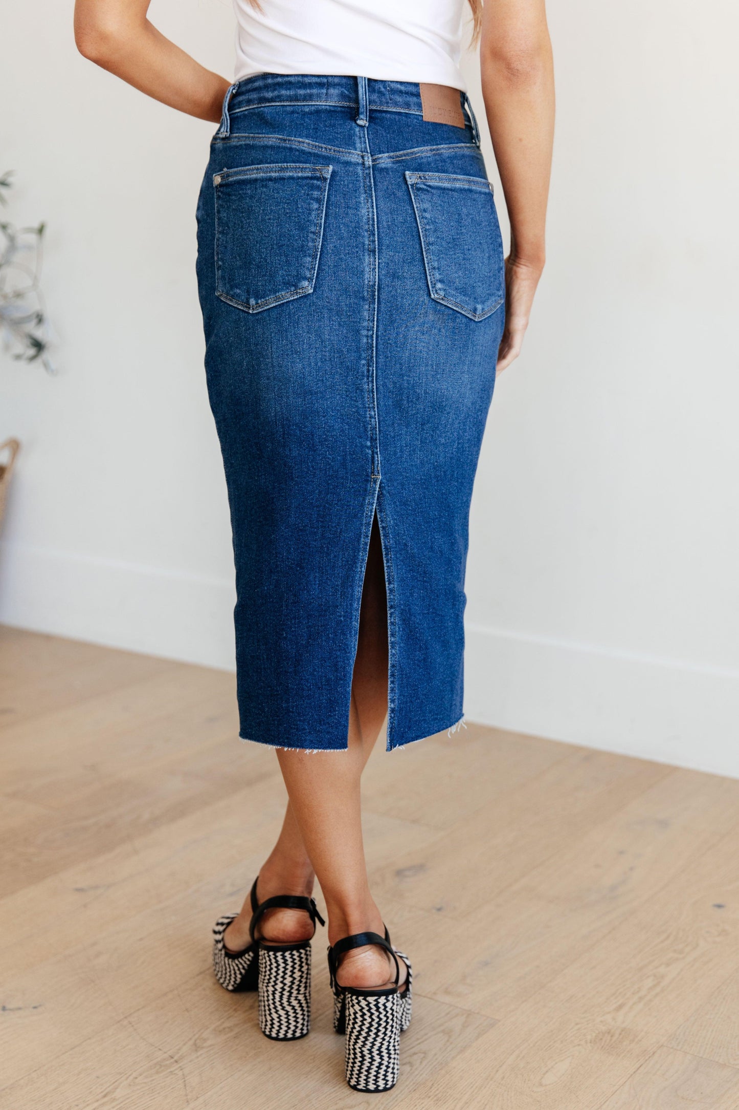 Marcy High Rise Denim Midi Skirt - Simply Graced Mama