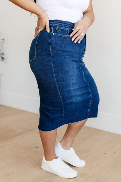 Marcy High Rise Denim Midi Skirt - Simply Graced Mama