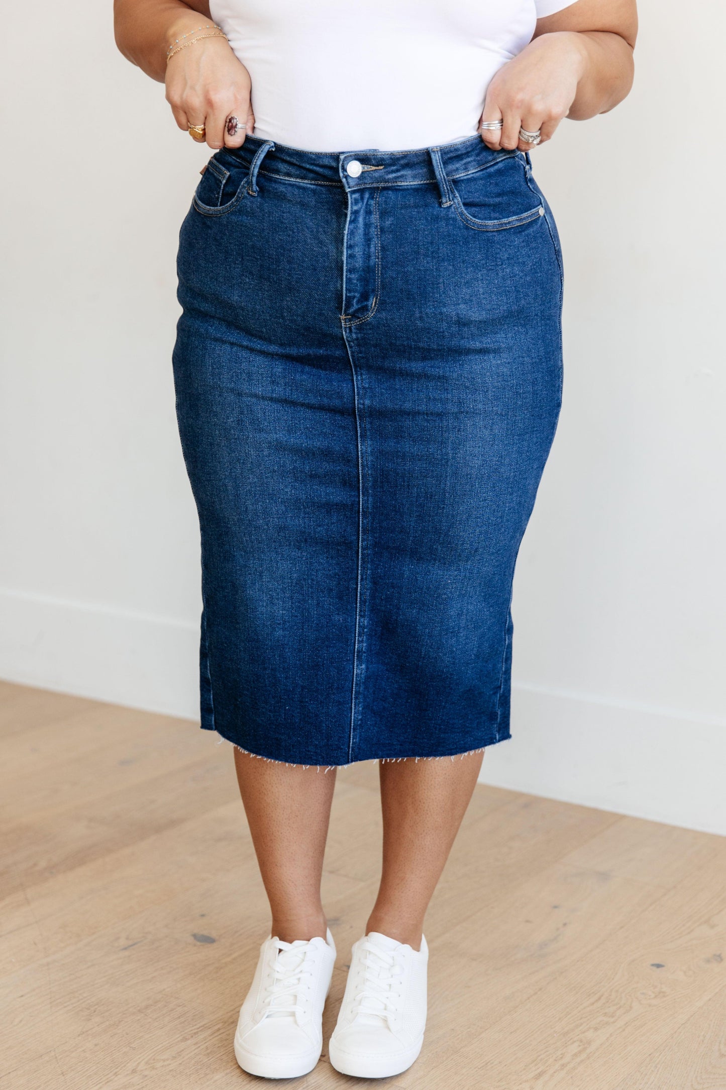 Marcy High Rise Denim Midi Skirt - Simply Graced Mama