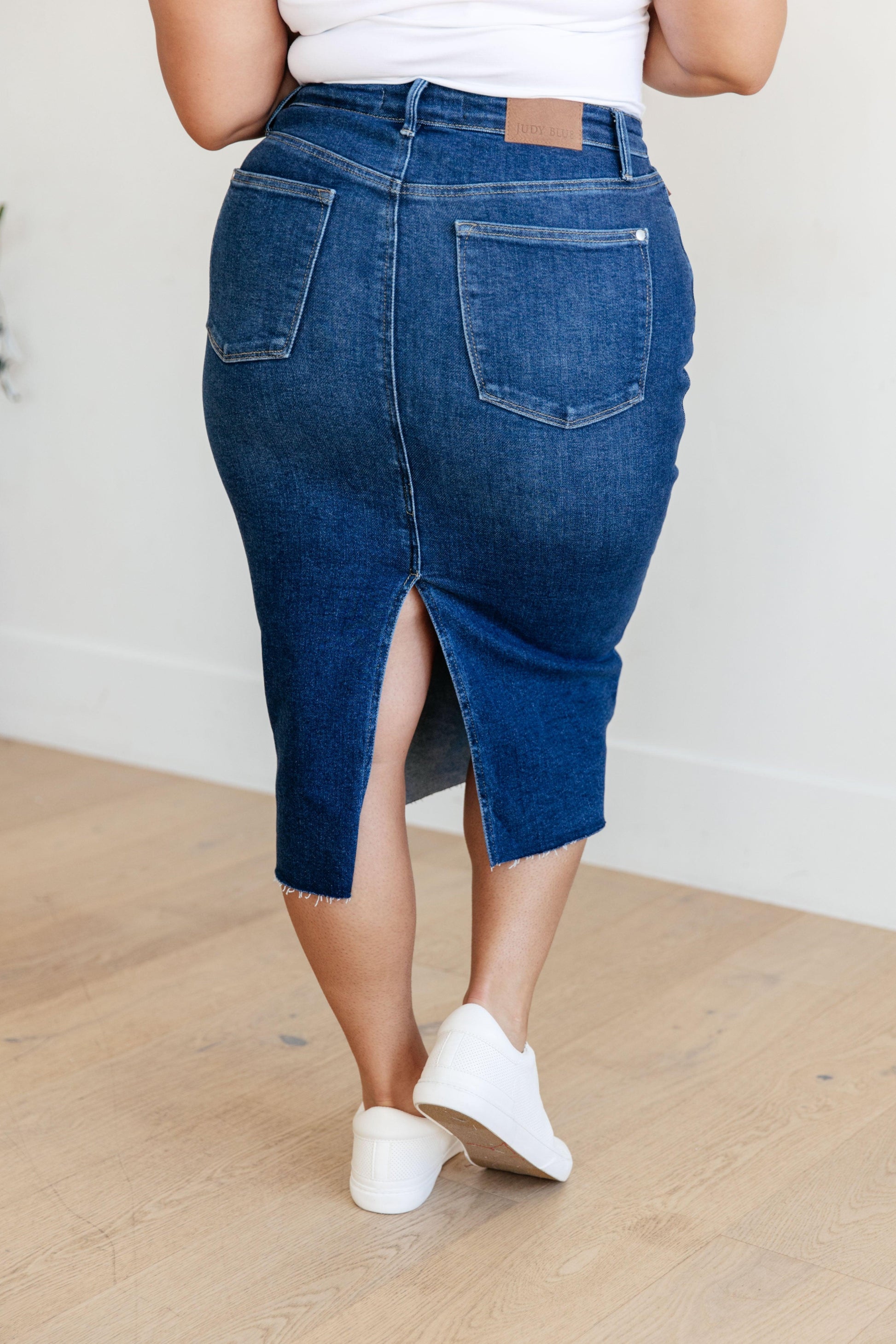 Marcy High Rise Denim Midi Skirt - Simply Graced Mama