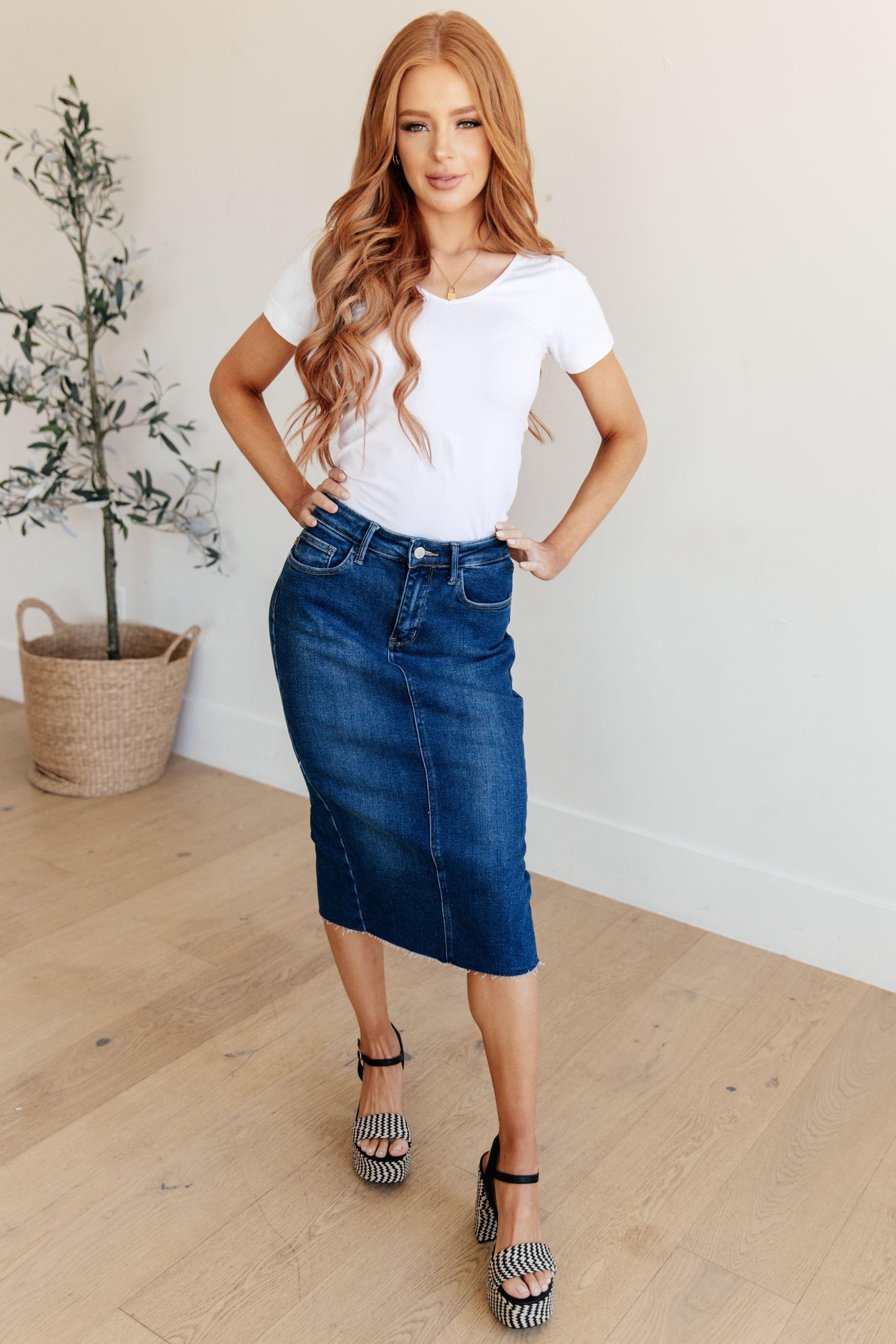 Marcy High Rise Denim Midi Skirt - Simply Graced Mama