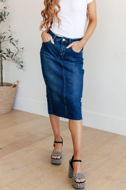 Marcy High Rise Denim Midi Skirt - Simply Graced Mama