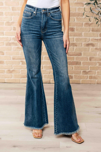 Miley High Waist Control Top Frayed Hem Flare Jeans - Simply Graced Mama