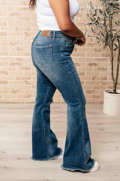 Miley High Waist Control Top Frayed Hem Flare Jeans - Simply Graced Mama