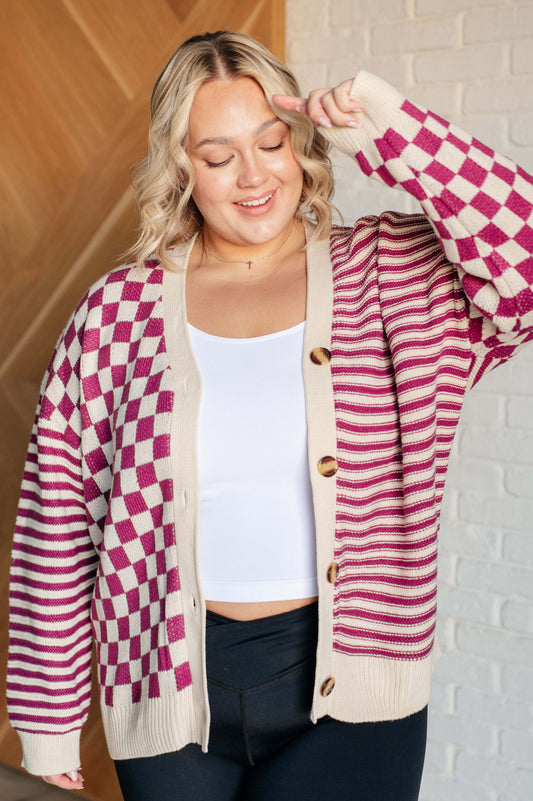 No Brainer Button Down Sweater Knit Cardigan in Magenta/Oatmeal - Simply Graced Mama