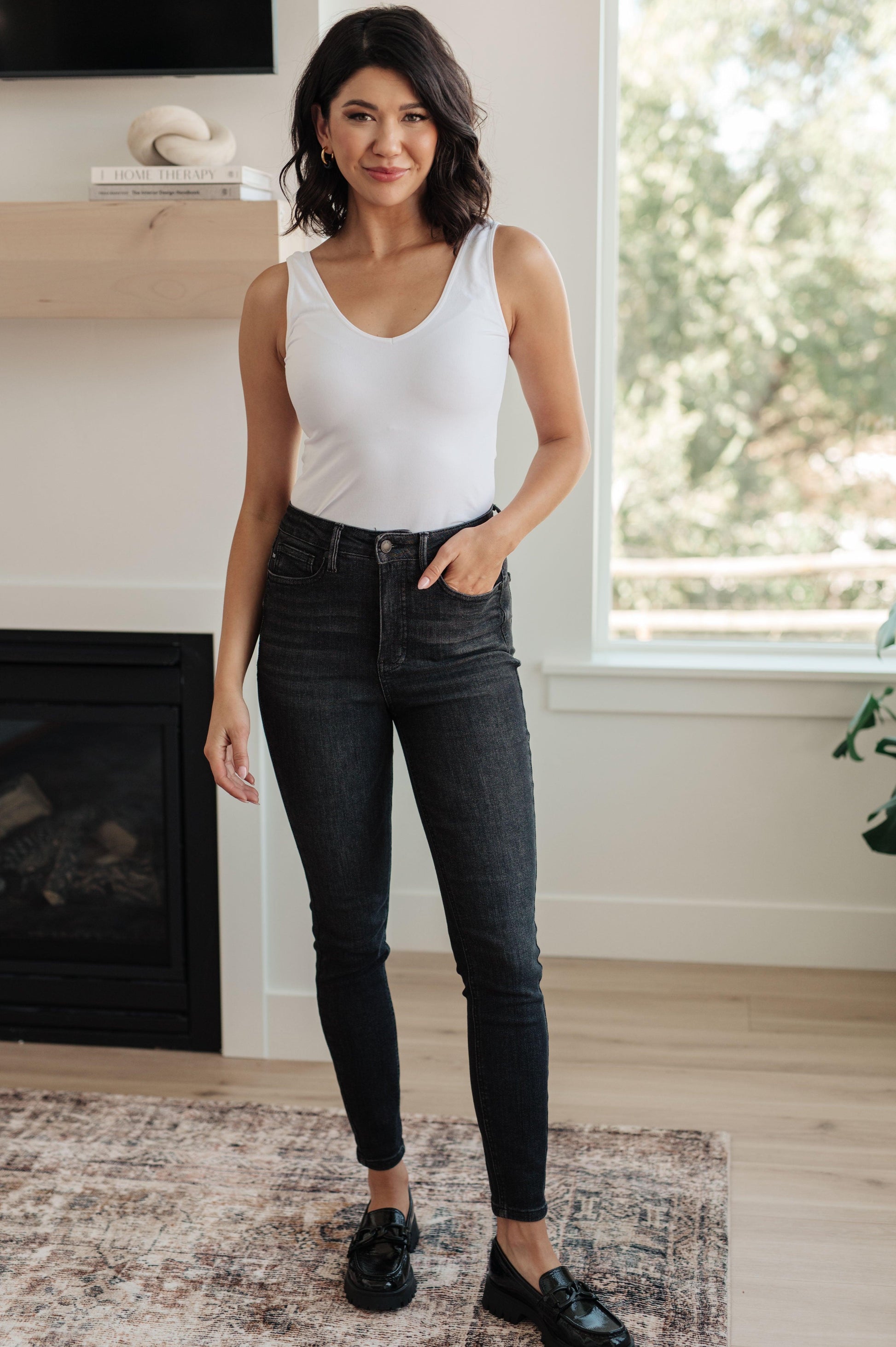 Octavia High Rise Control Top Skinny Jeans in Washed Black - Simply Graced Mama