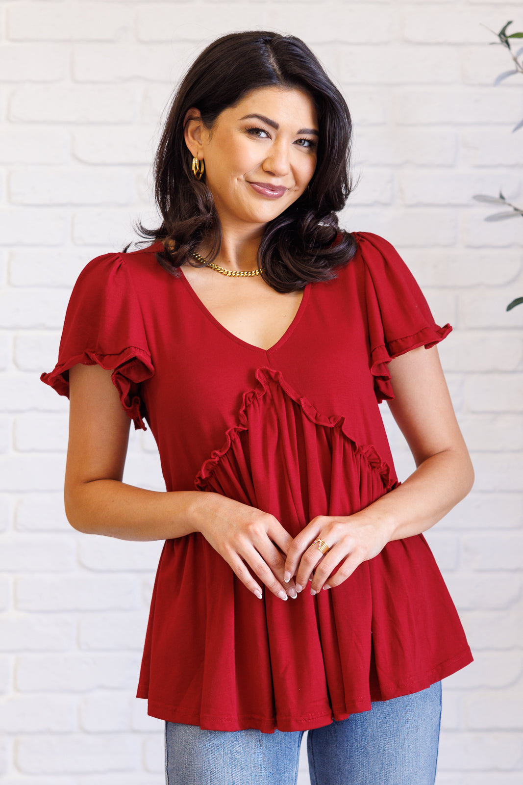 One Day Soon V-Neck Ruffle Detail Top - Simply Graced Mama