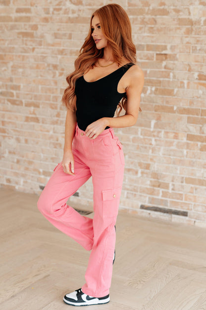 Peggy High Rise Cargo Straight Jeans in Pink - Simply Graced Mama