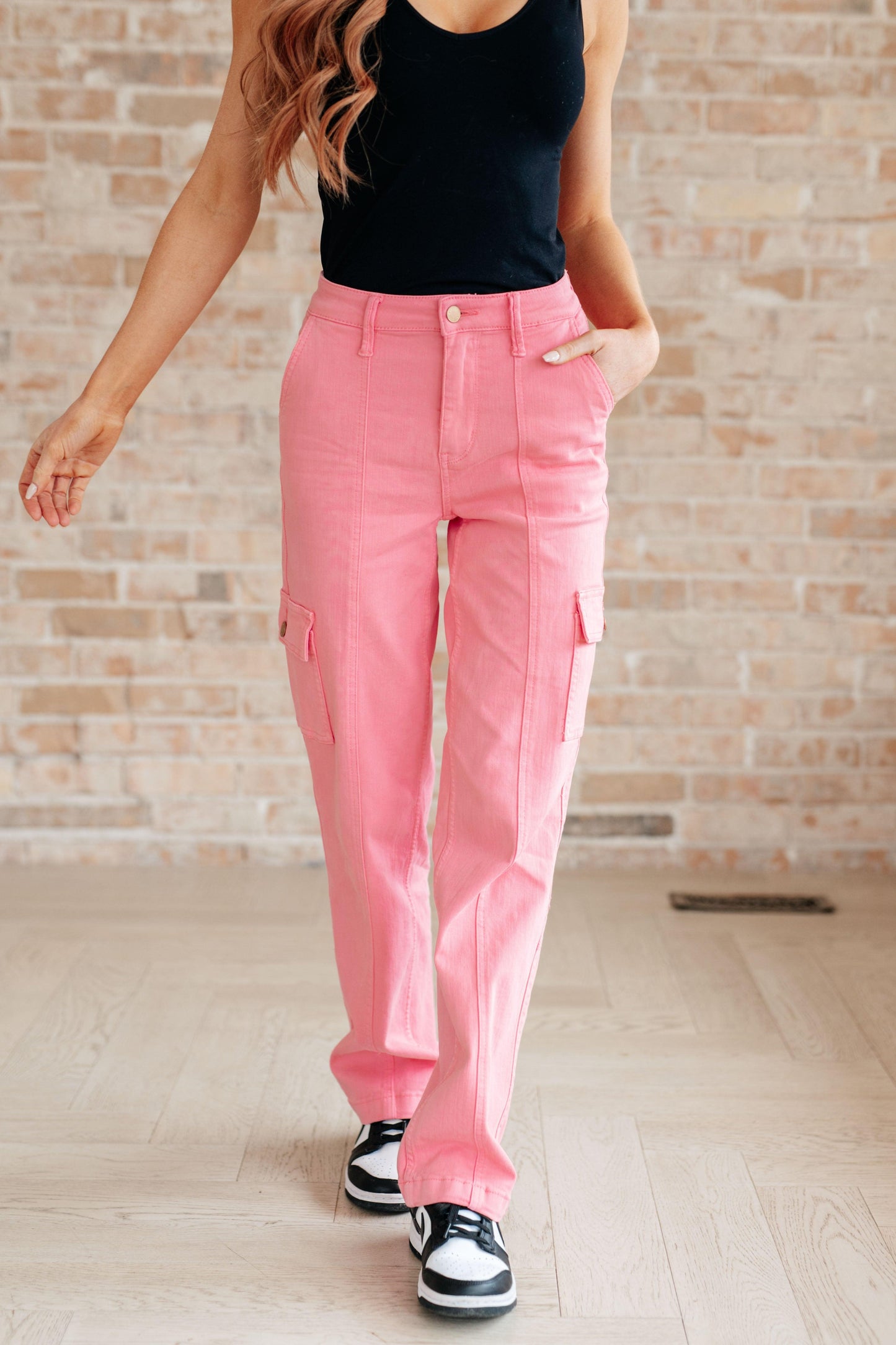 Peggy High Rise Cargo Straight Jeans in Pink - Simply Graced Mama