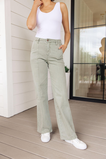 Phoebe High Rise Front Seam Straight Jeans in Sage - Simply Graced Mama