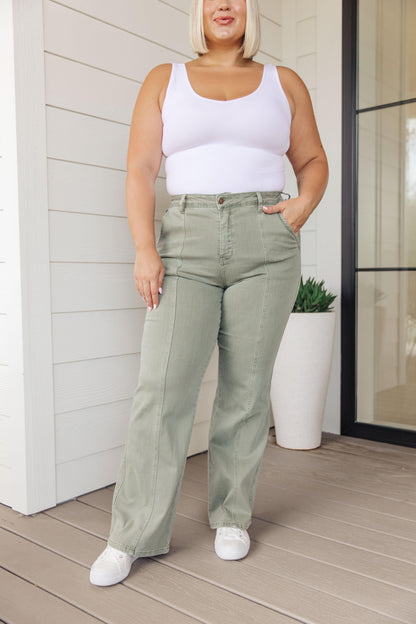 Phoebe High Rise Front Seam Straight Jeans in Sage - Simply Graced Mama