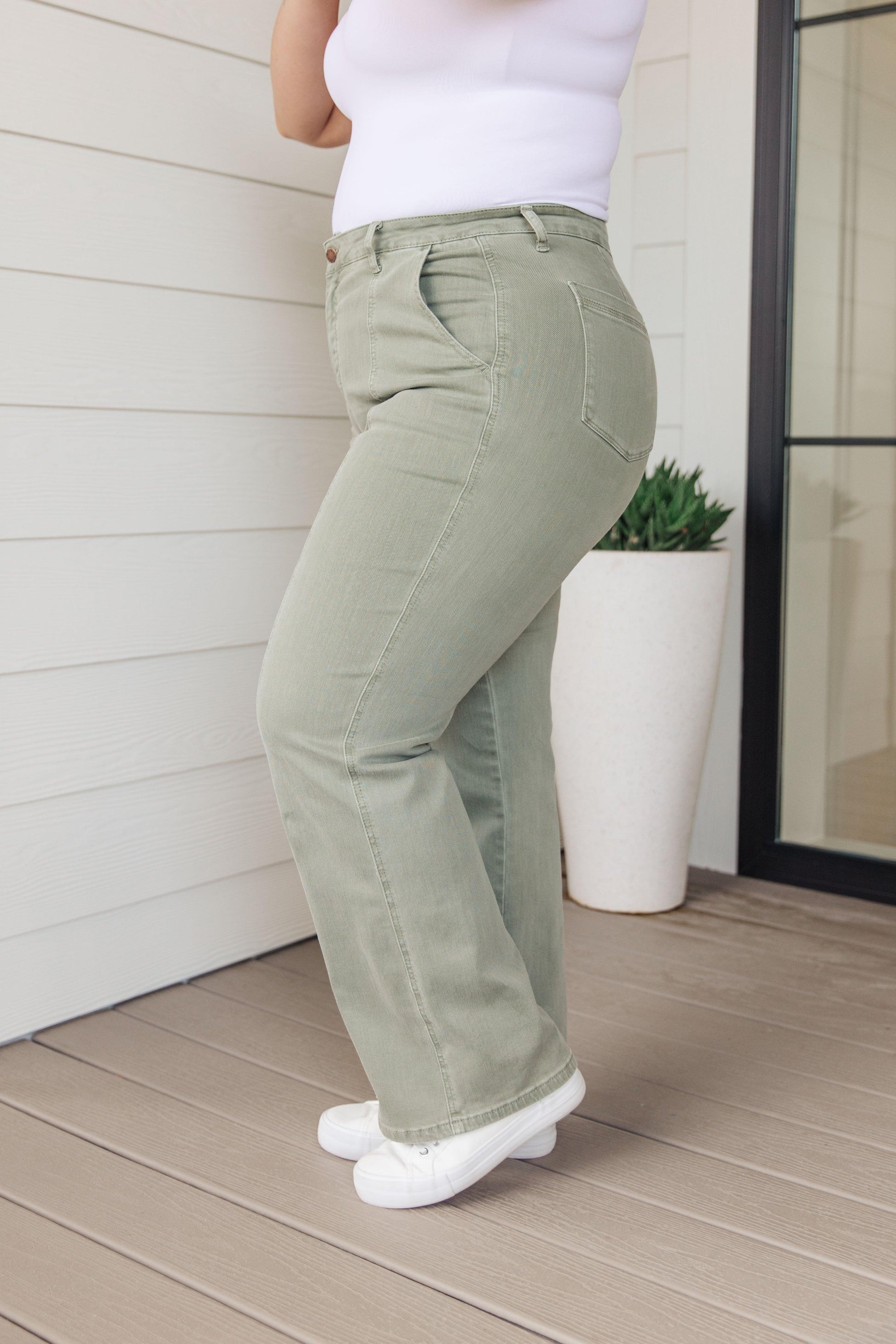 Phoebe High Rise Front Seam Straight Jeans in Sage - Simply Graced Mama