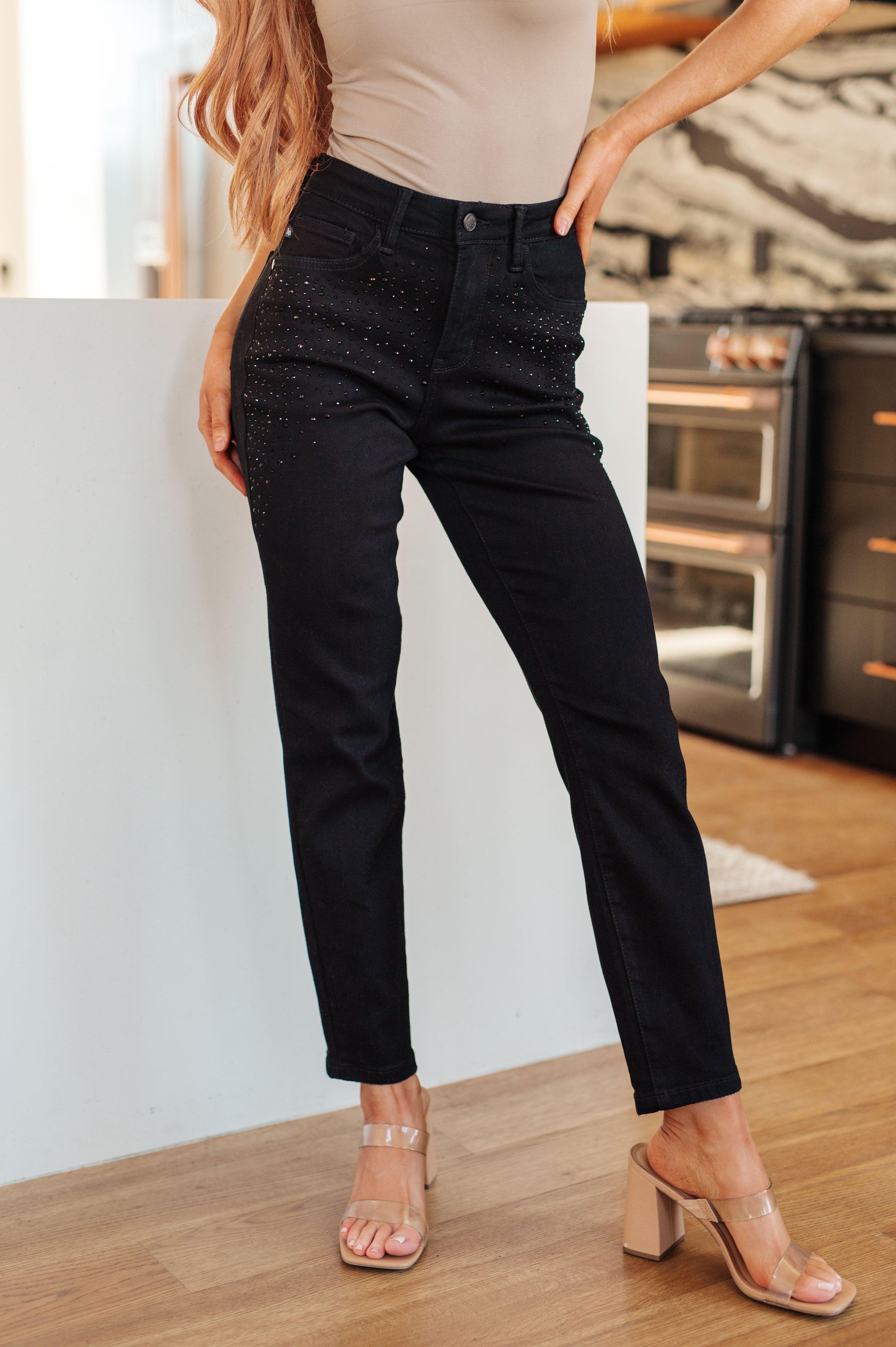 Reese Rhinestone Slim Fit Jeans in Black - Simply Graced Mama