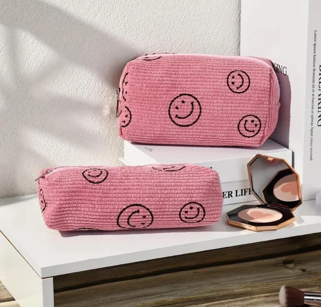 Smiley Face Corduroy Makeup Bag in Pink - Simply Graced Mama