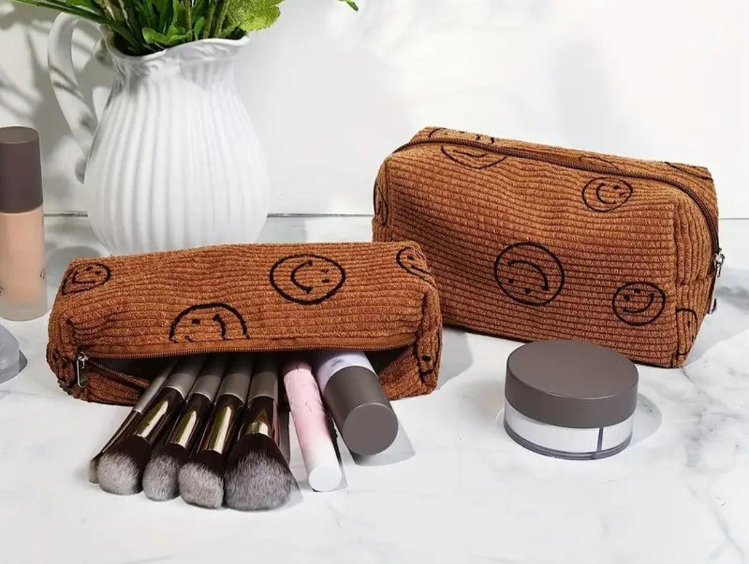 Smiley Face Corduroy Makeup Bag in Brown - Simply Graced Mama