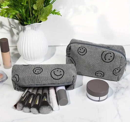 Smiley Face Corduroy Makeup Bag in Grey - Simply Graced Mama