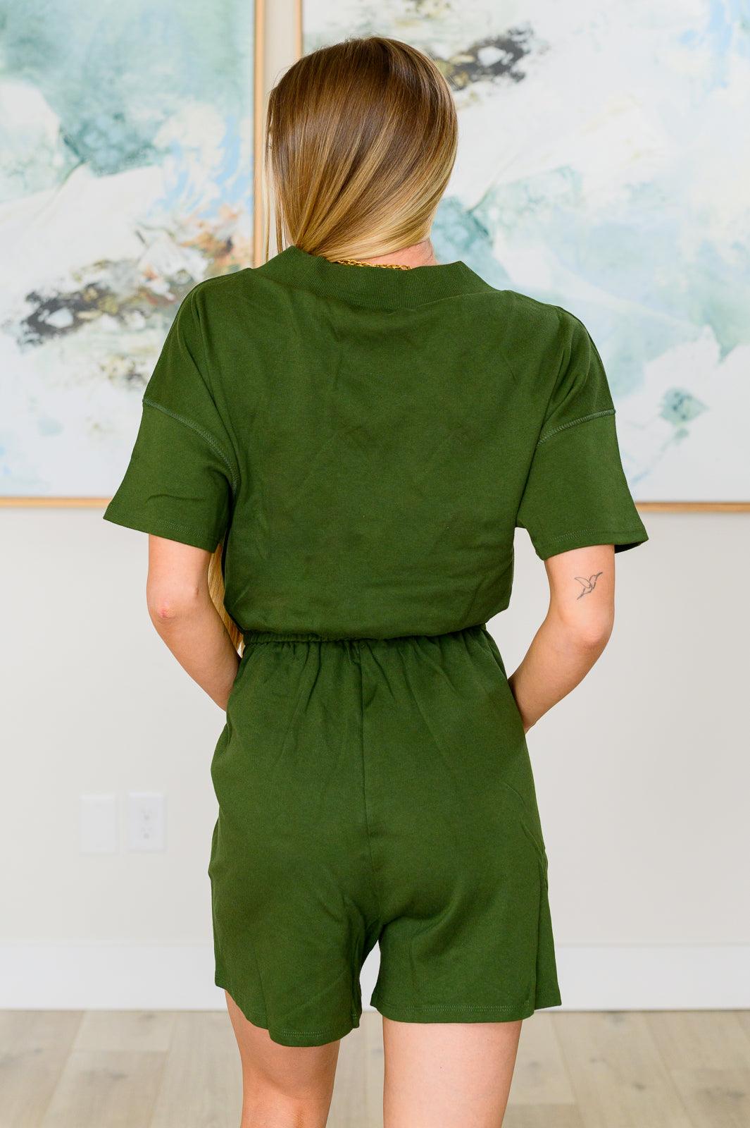 Short Sleeve V-Neck Romper in Army Green - Simply Graced Mama