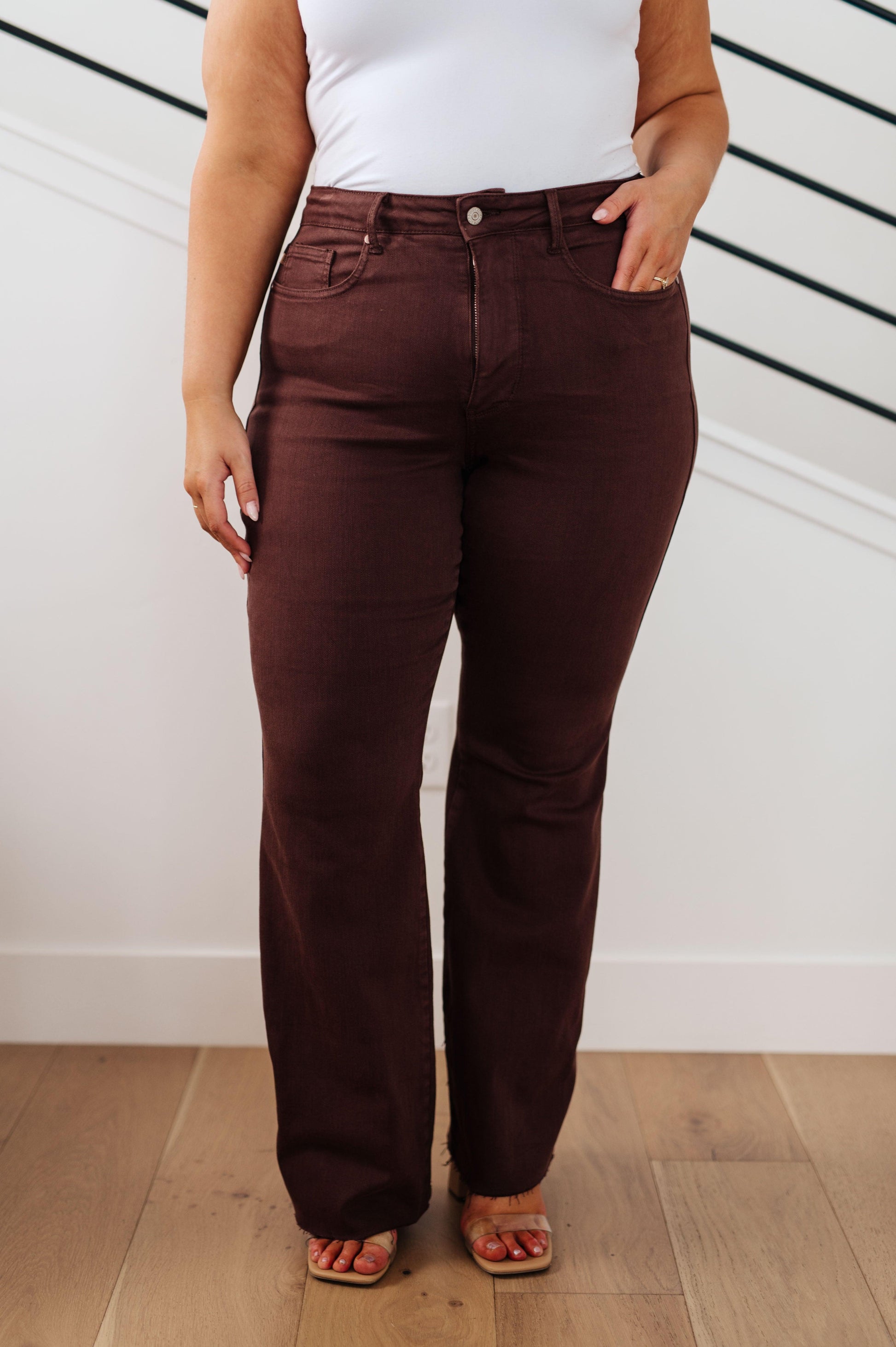 Sienna High Rise Control Top Flare Jeans in Espresso - Simply Graced Mama