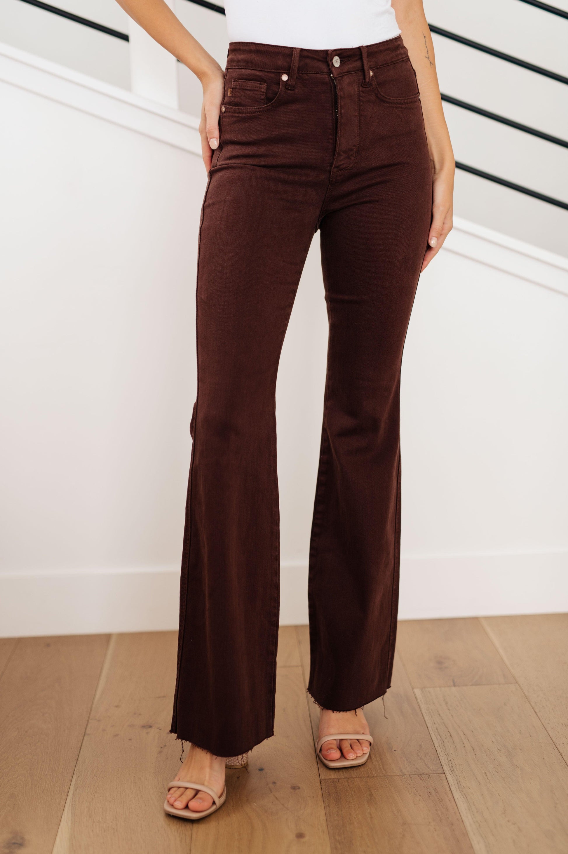 Sienna High Rise Control Top Flare Jeans in Espresso - Simply Graced Mama