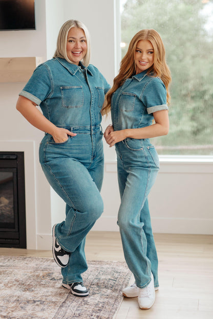 Sylvia Short Sleeve Denim Jumpsuit - Simply Graced Mama