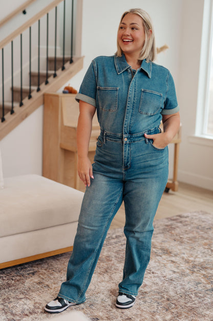 Sylvia Short Sleeve Denim Jumpsuit - Simply Graced Mama