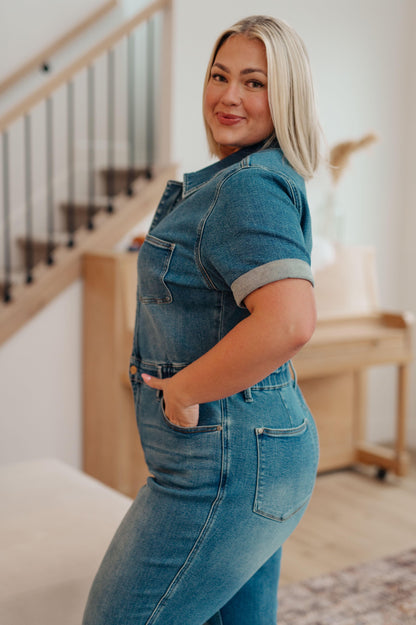 Sylvia Short Sleeve Denim Jumpsuit - Simply Graced Mama