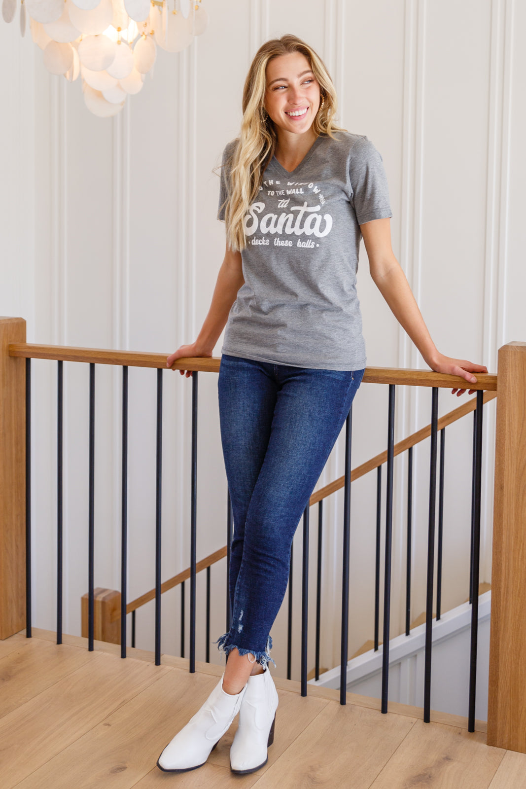 To The Window Graphic V Neck Tee In Gray - Simply Graced Mama