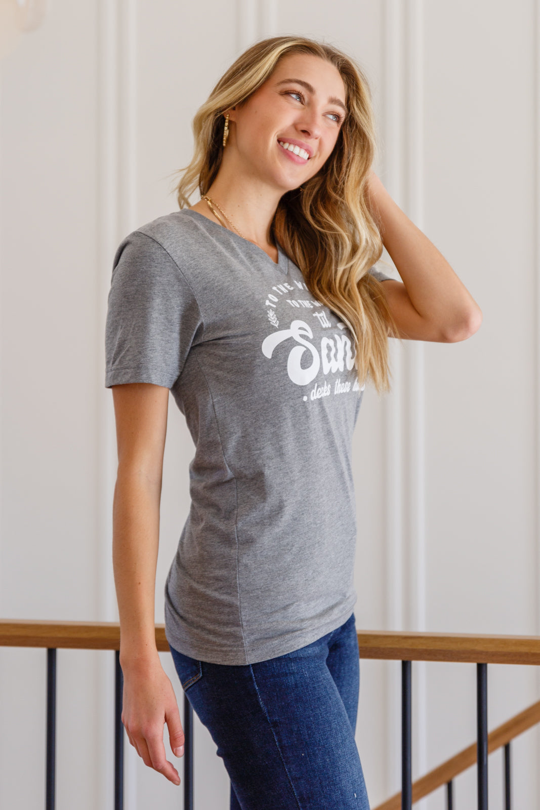 To The Window Graphic V Neck Tee In Gray - Simply Graced Mama