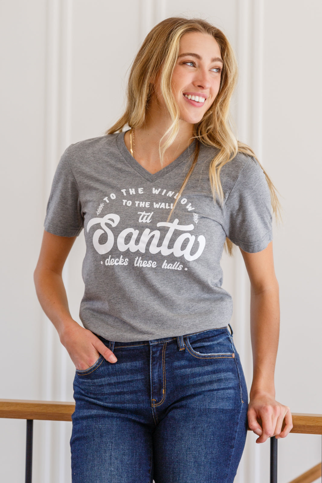 To The Window Graphic V Neck Tee In Gray - Simply Graced Mama