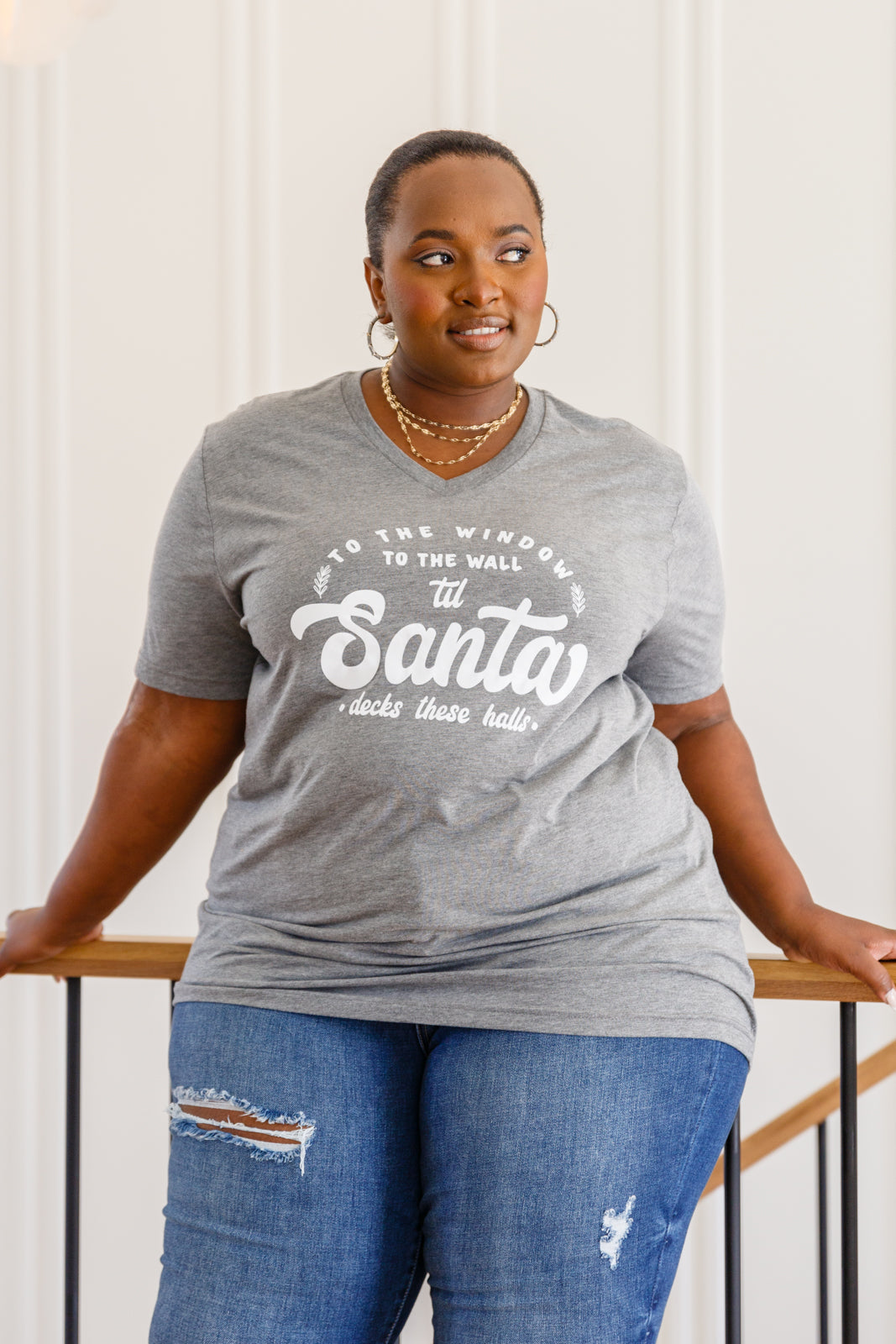 To The Window Graphic V Neck Tee In Gray - Simply Graced Mama