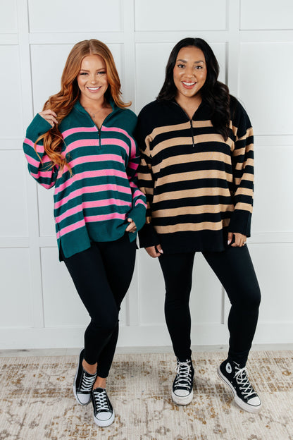 Well Situated Striped Quarter Zip Sweater in Green and Pink - Simply Graced Mama