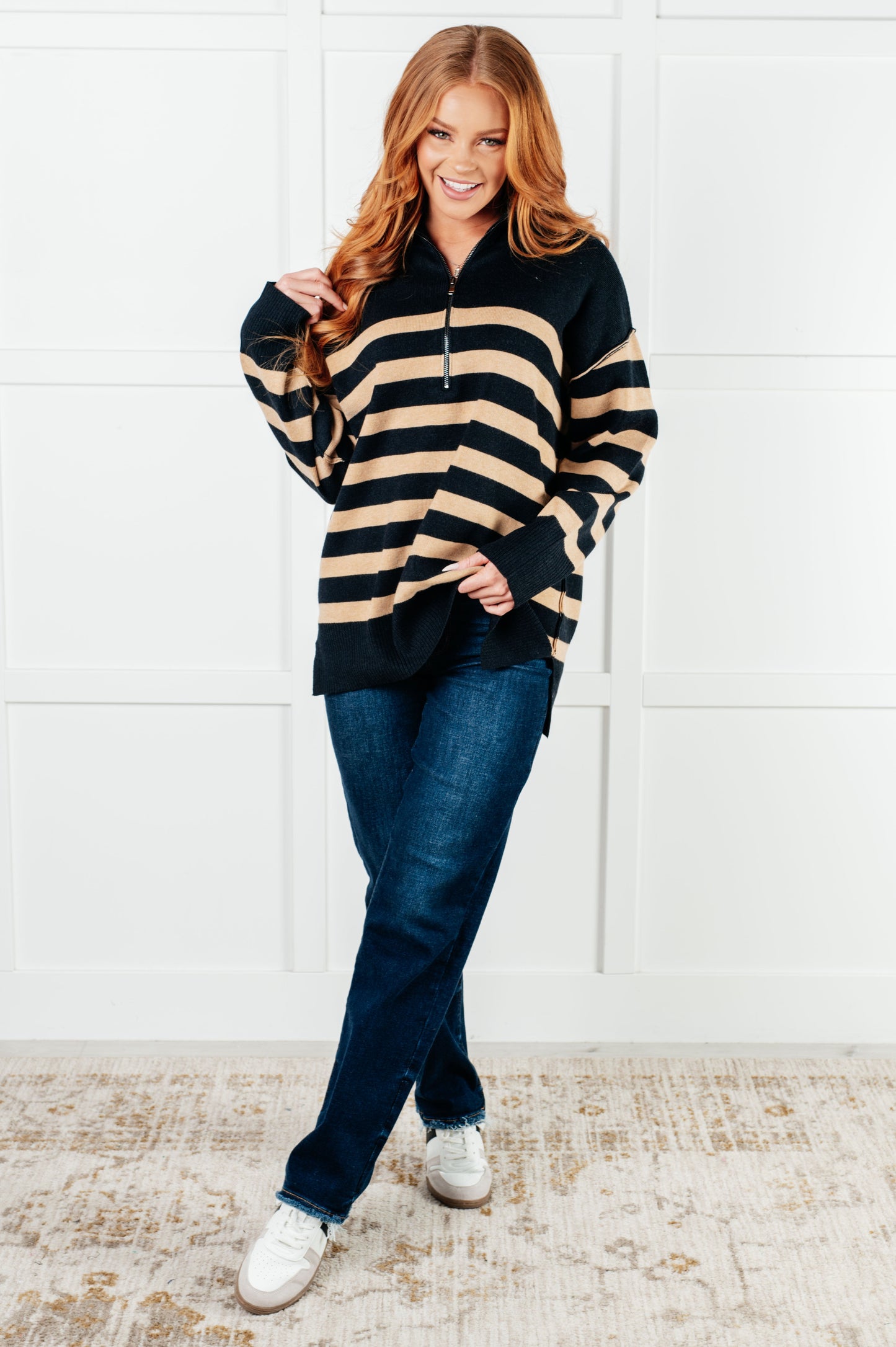 Well Situated Striped Quarter Zip Sweater in Black and Tan - Simply Graced Mama