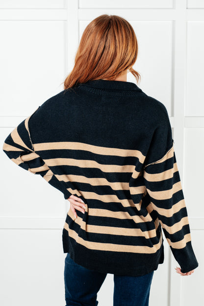 Well Situated Striped Quarter Zip Sweater in Black and Tan - Simply Graced Mama