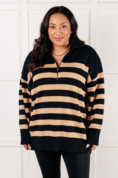 Well Situated Striped Quarter Zip Sweater in Black and Tan - Simply Graced Mama