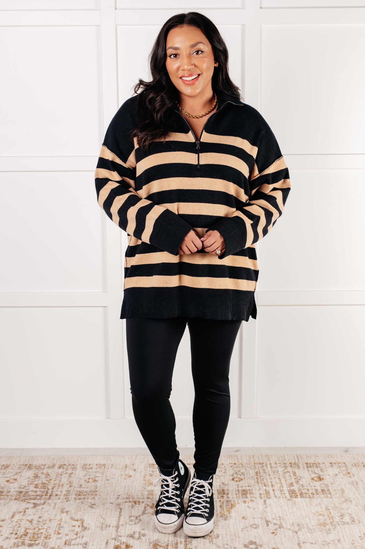 Well Situated Striped Quarter Zip Sweater in Black and Tan - Simply Graced Mama