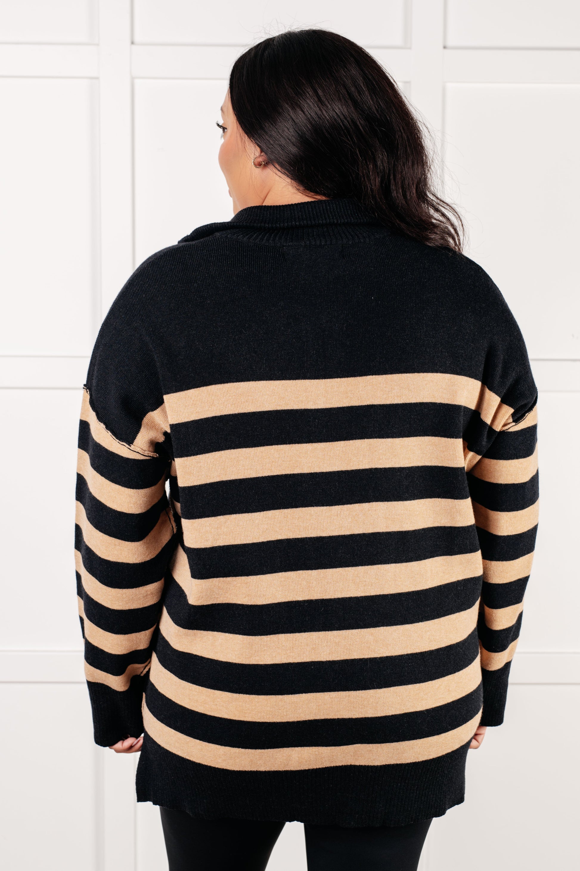 Well Situated Striped Quarter Zip Sweater in Black and Tan - Simply Graced Mama