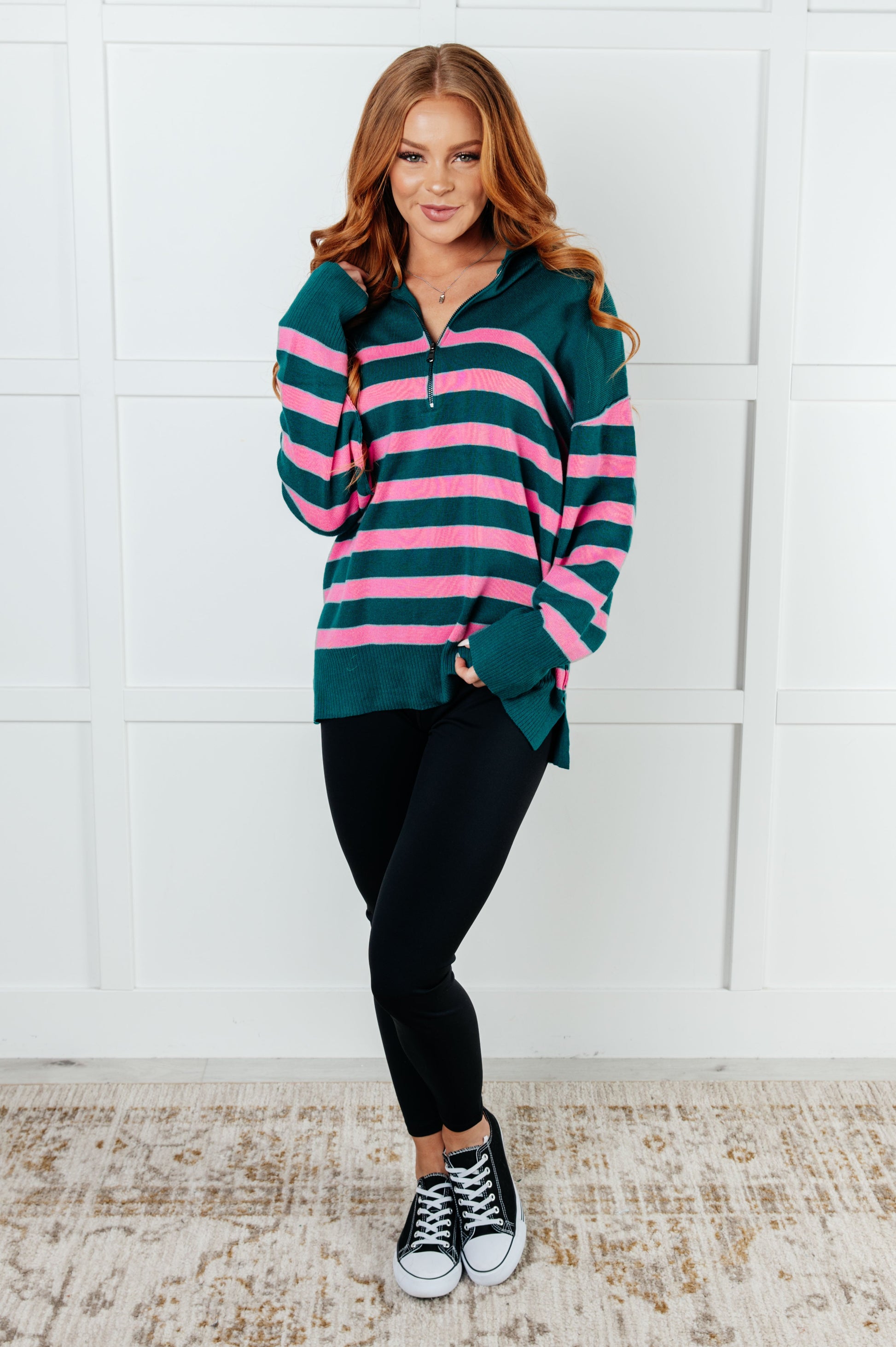 Well Situated Striped Quarter Zip Sweater in Green and Pink - Simply Graced Mama