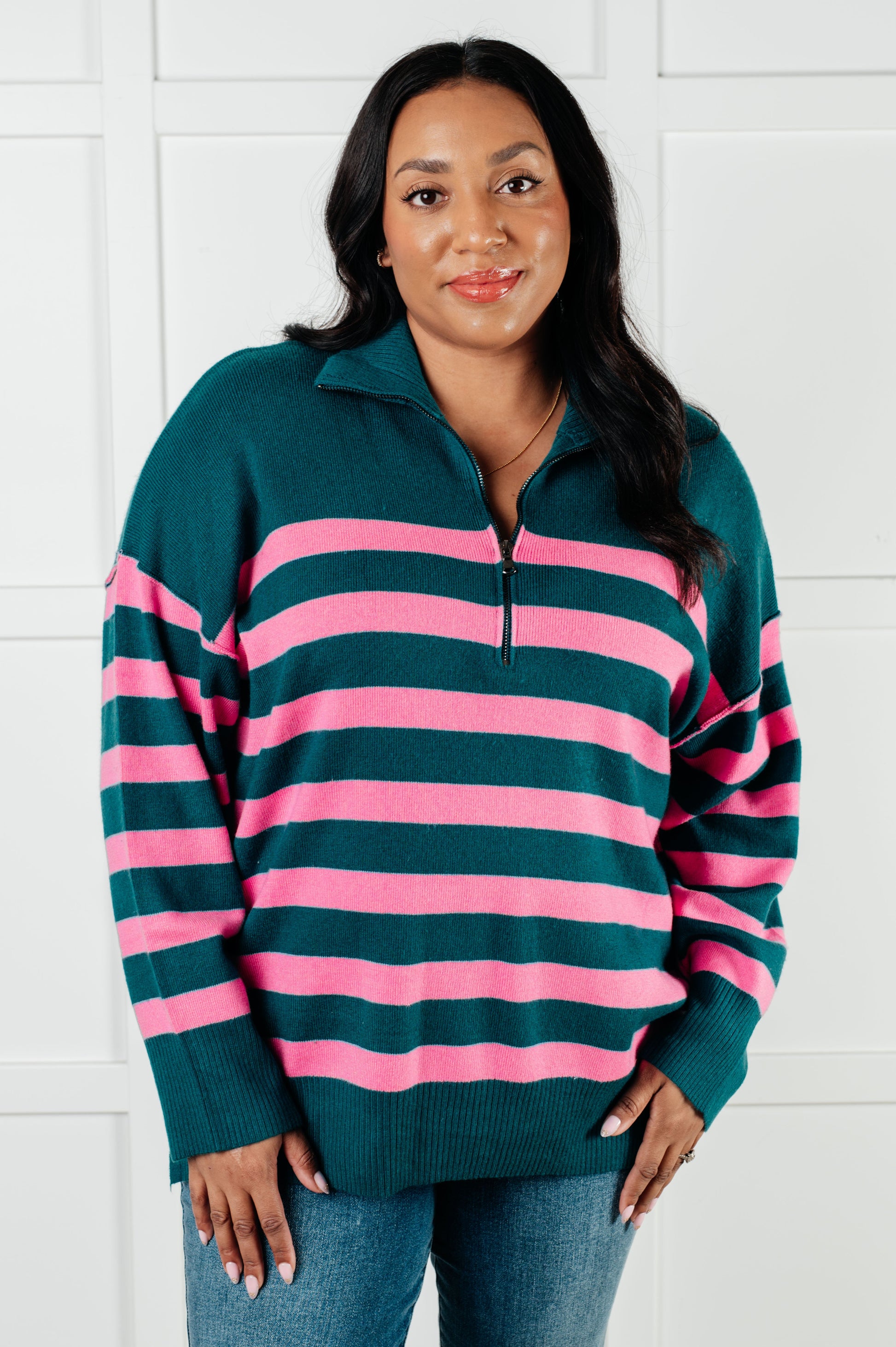 Well Situated Striped Quarter Zip Sweater in Green and Pink - Simply Graced Mama