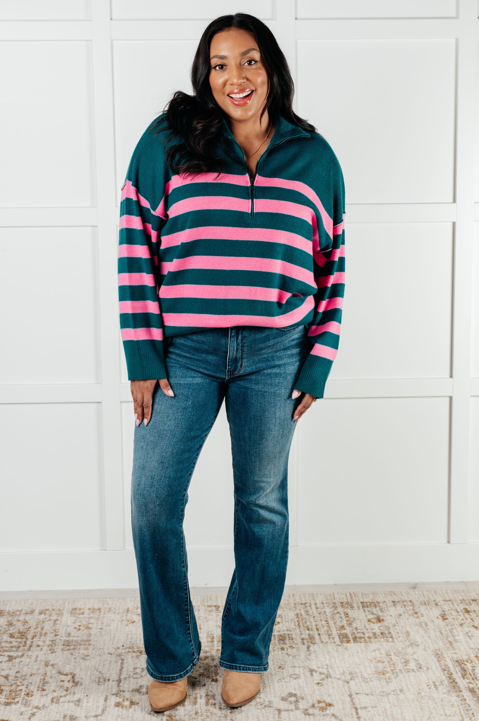 Well Situated Striped Quarter Zip Sweater in Green and Pink - Simply Graced Mama