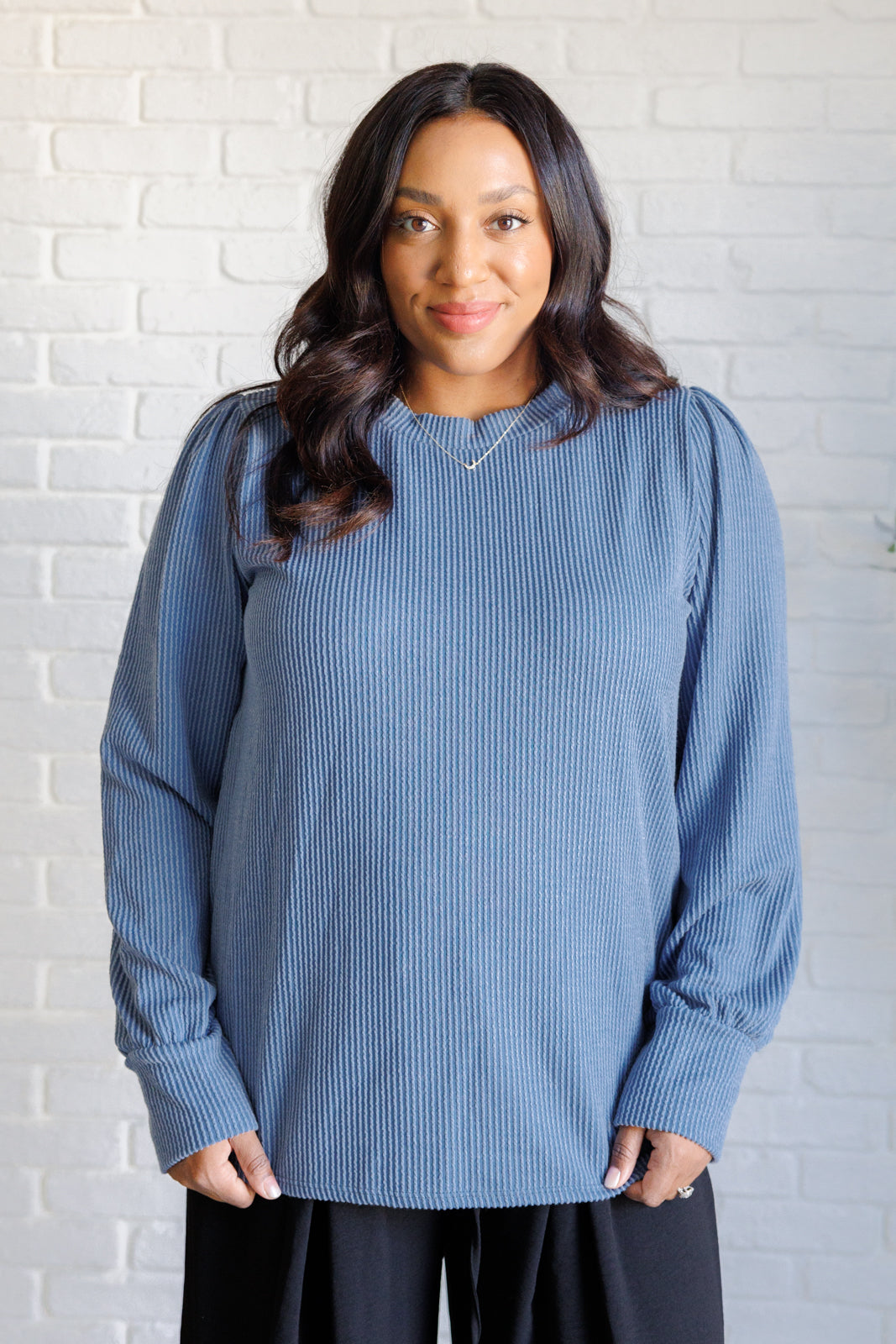 When the Sun Goes Down Mineral Wash Ribbed Knit Top in Vintage Denim - Simply Graced Mama