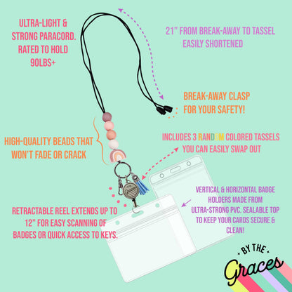 Cozy Rosy Beaded Retractable Teacher Lanyard - Simply Graced Mama