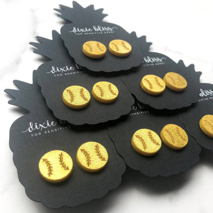 Gold Glitter softball stud earrings
