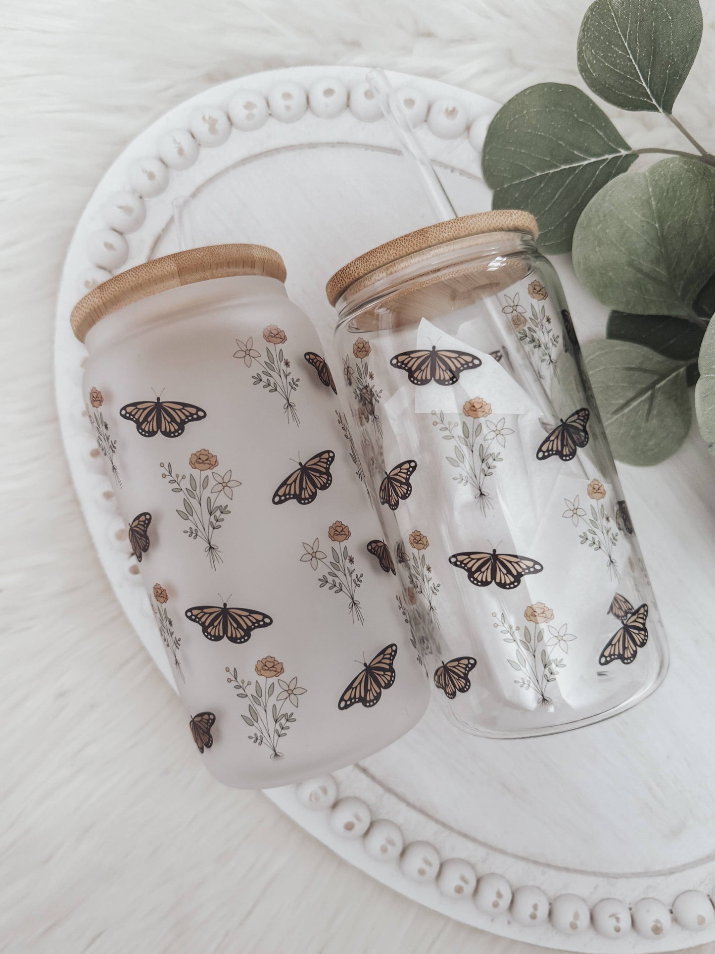 Boho Butterfly Frosted Glass Cup