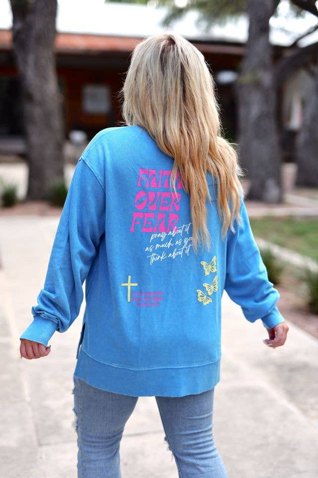 Mineral Wash Pullover- Faith Over Fear in Cobalt Blue