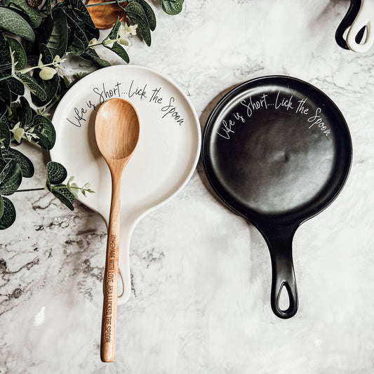 White Handmade Ceramic Spoon Rest + Wooden Spoon Set - Simply Graced Mama