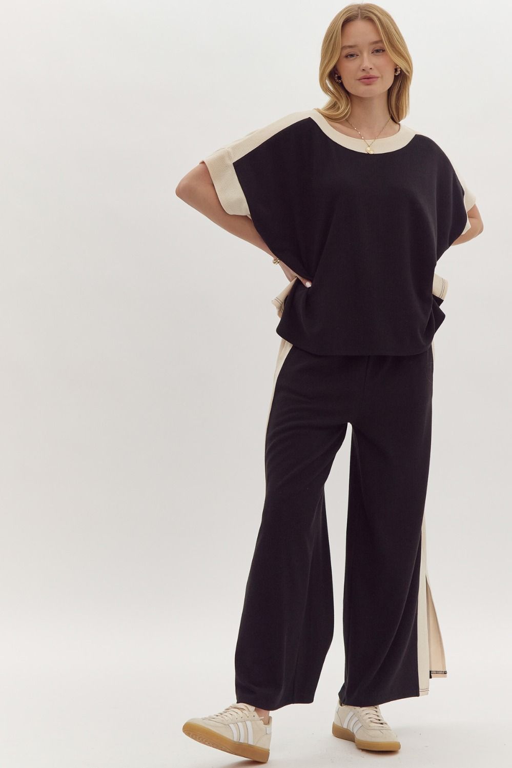 Solid Ribbed Contrast Trim Boatneck Top in Black - Simply Graced Mama