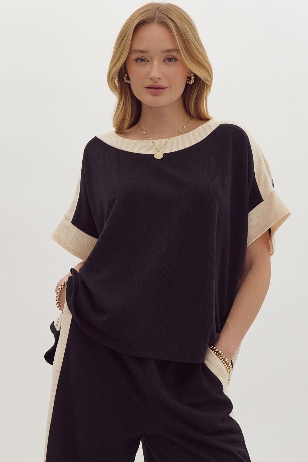 Solid Ribbed Contrast Trim Boatneck Top in Black - Simply Graced Mama